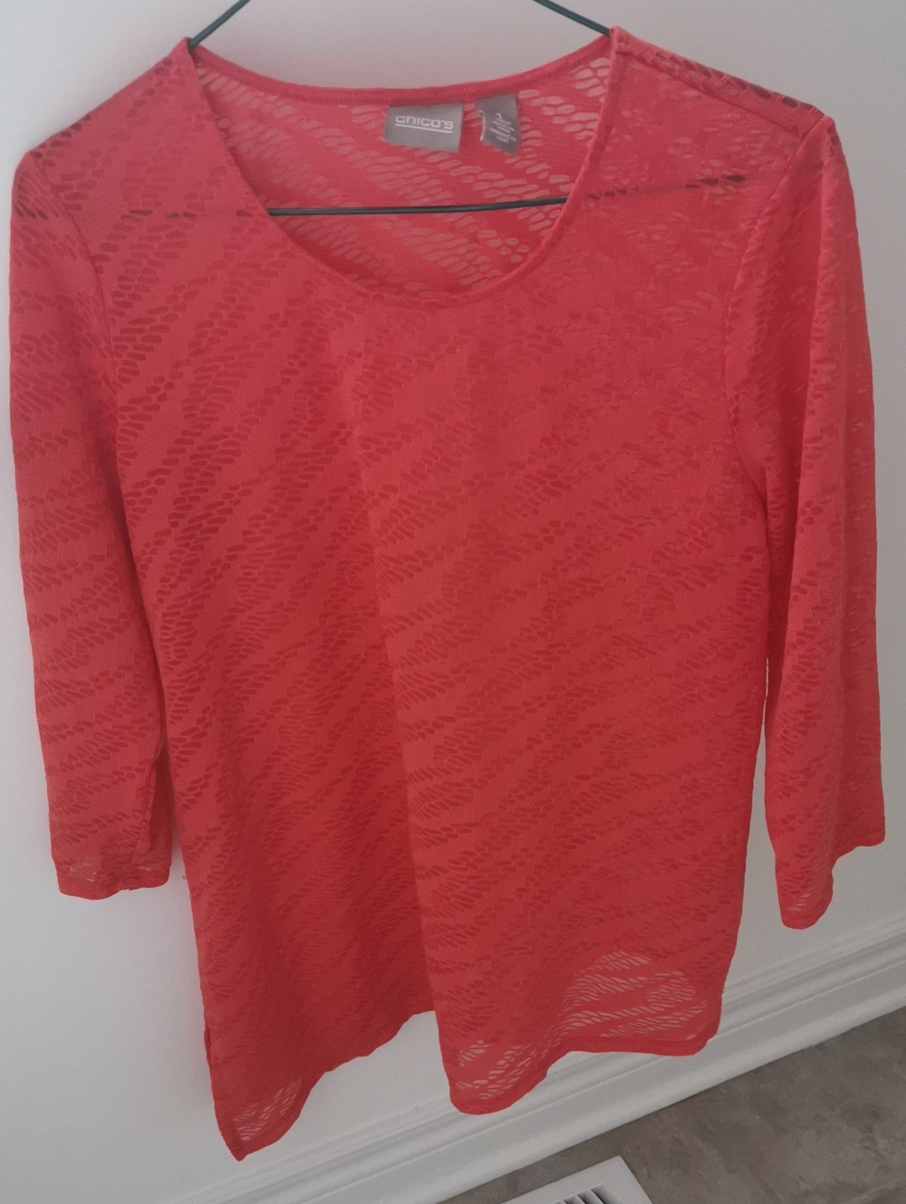 Chico's Coral Lace Long Sleeve Scoop Neck Top